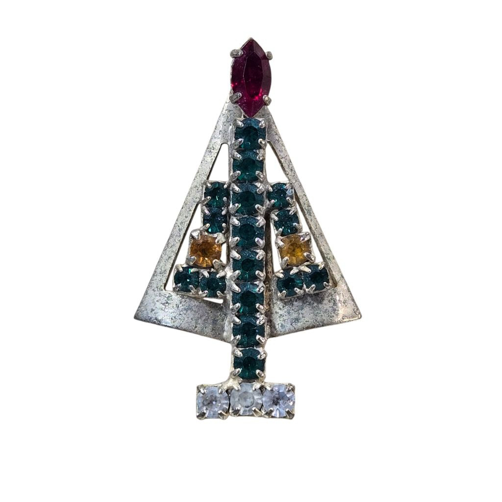 Vintage Christmas Tree Brooch Pin Silvertone Prong Set Rhinestone Green Red